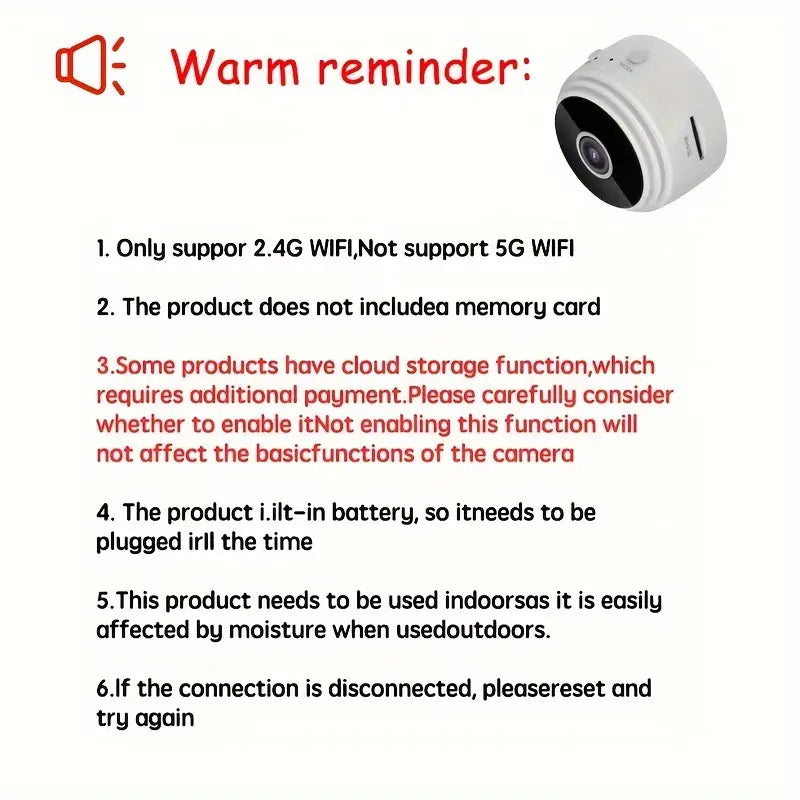 Compact 2.4G Wireless WiFi Webcam - Easy Setup, Perfect for Home Security, Rechargeable Battery/USB Powered